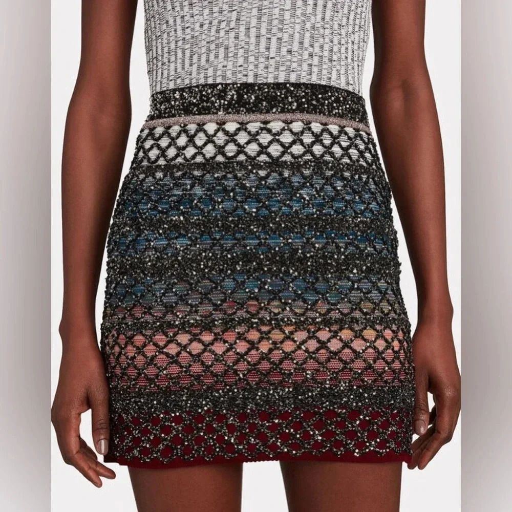 New Missoni Mini Skirt Wool Metallic Lattice Knit Rare Fall Stretchy Small 40